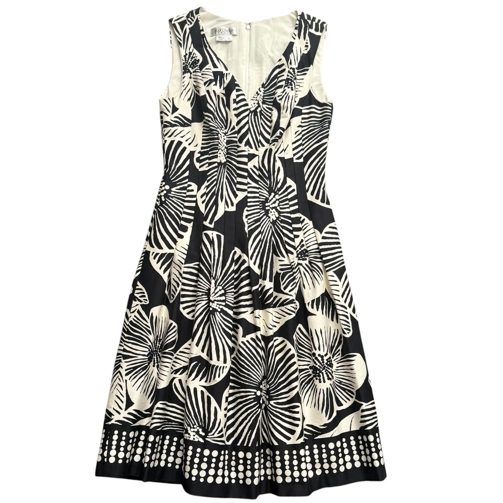 Kay Unger Dress Women 4 Black Floral Fit Flare V-Neck Pleated Polka Dot Midi